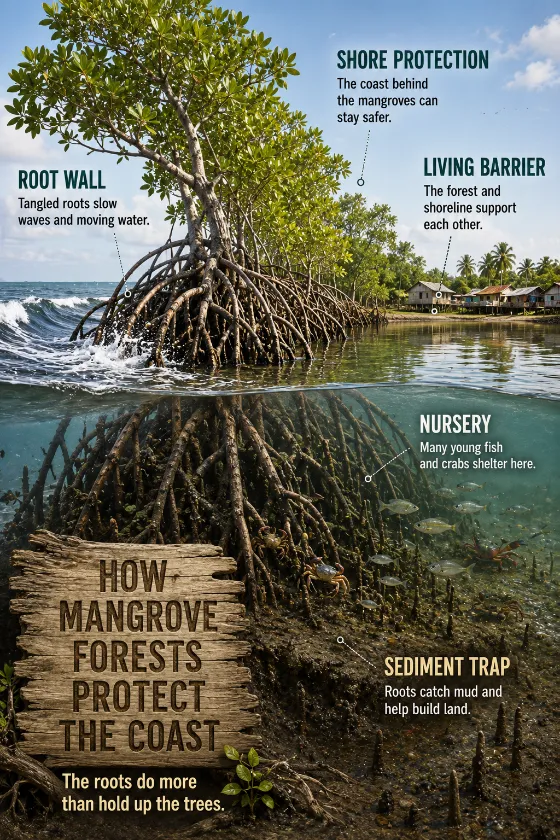 Educational coastal cutaway with mangrove trees, arching roots, trapped sediment, fish and crabs, incoming waves, calmer water, and an inland village.