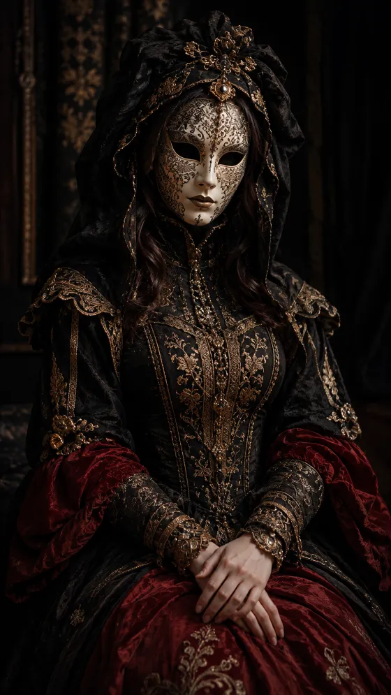 Masked gothic couture model wearing black and gold embroidery with crimson fabric and an ornate ivory mask.