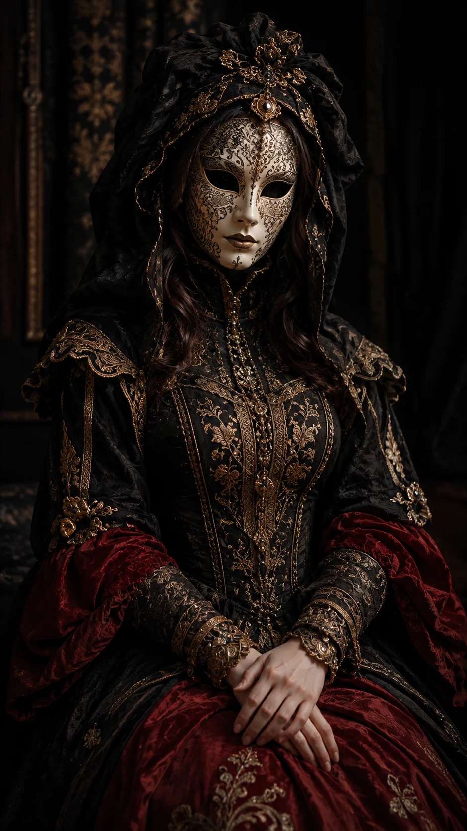 Masked gothic couture model wearing black and gold embroidery with crimson fabric and an ornate ivory mask.