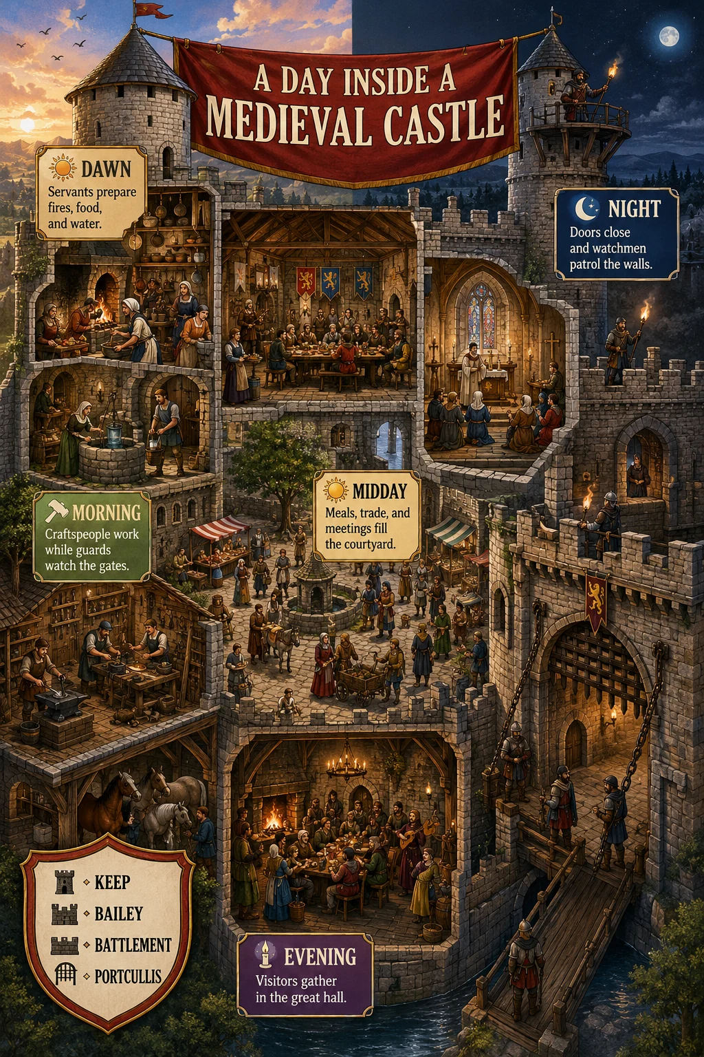 Educational medieval castle poster with five time markers, distinct people at work, detailed interiors, changing light, and a vocabulary shield.