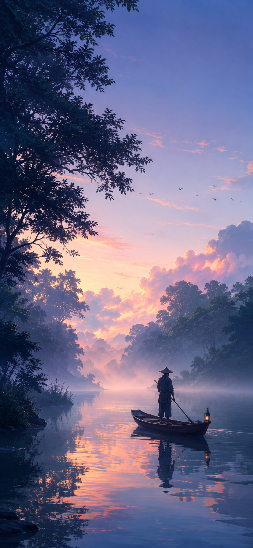 Solitary person standing in a narrow boat on a calm misty river beneath large trees, pastel clouds, distant birds, and soft reflections.