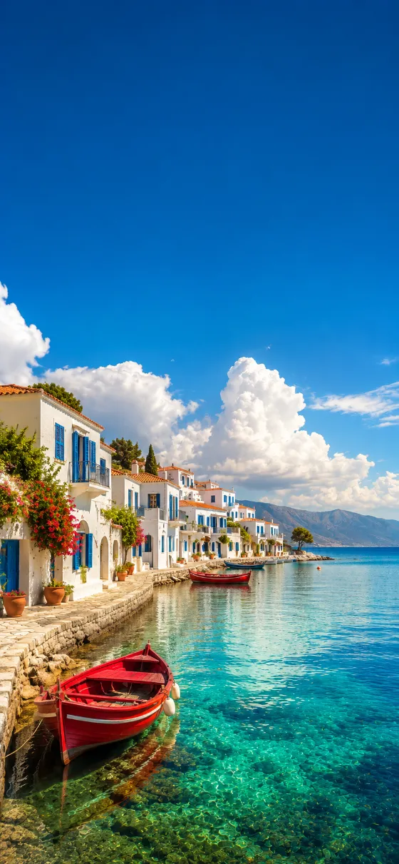 Mediterranean coastal village with white buildings, turquoise sea and bright red boats beneath a blue summer sky.