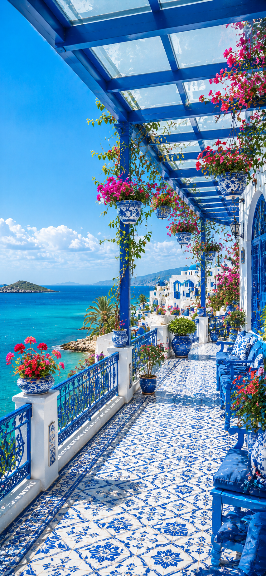 Mediterranean seaside terrace with blue pergola, hanging flowers, patterned tile floor, benches, railings, and turquoise sea view.