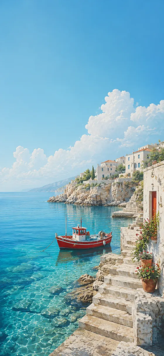 Mediterranean harbor with white stone buildings, turquoise water, red fishing boat, and bright summer sky.