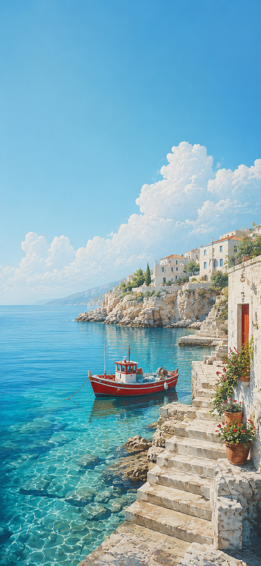 Mediterranean harbor with white stone buildings, turquoise water, red fishing boat, and bright summer sky.
