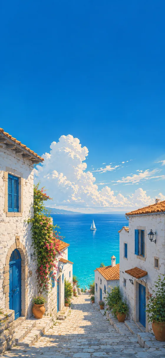 Mediterranean coastal village with white buildings, blue shutters, cobblestone street, and turquoise sea.