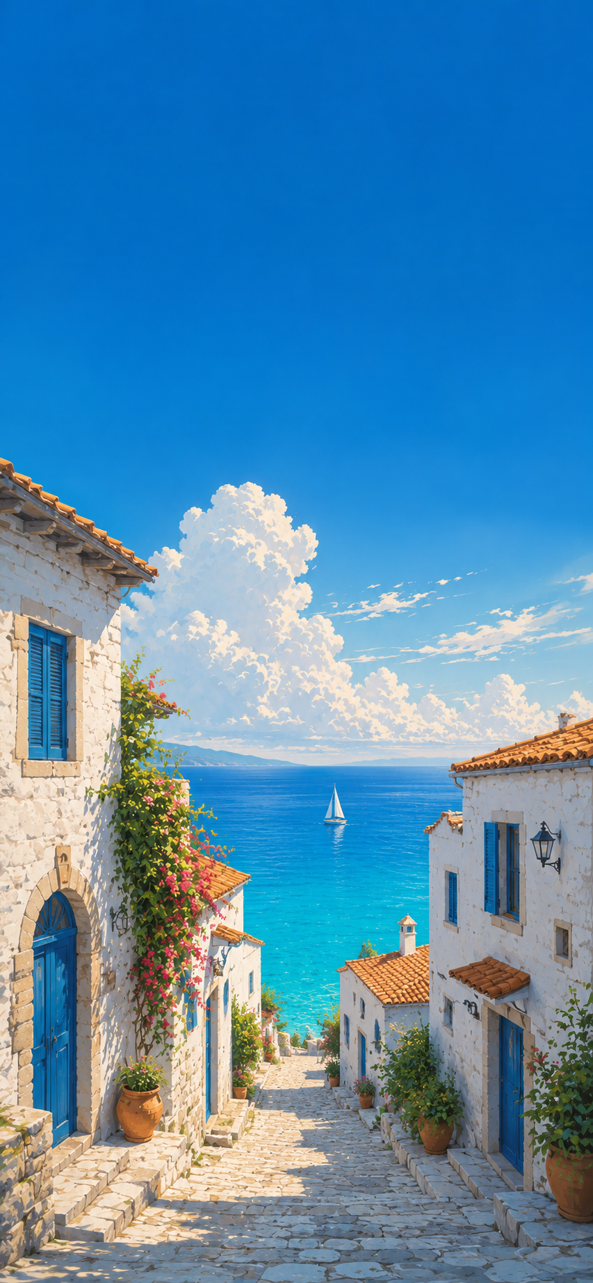 Mediterranean coastal village with white buildings, blue shutters, cobblestone street, and turquoise sea.