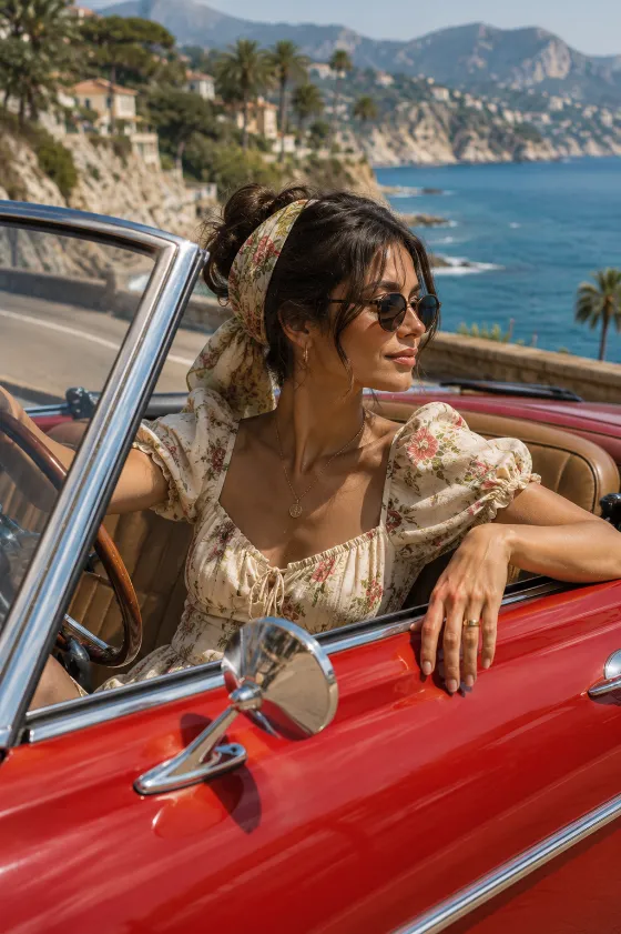 Mediterranean travel editorial portrait of a fashion subject in a classic red convertible wearing an ivory floral dress.