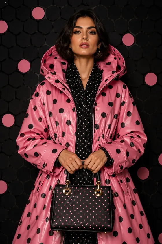 Editorial fashion portrait of a young Mediterranean European fashion subject in a pink polka-dot hooded coat holding a structured handbag.