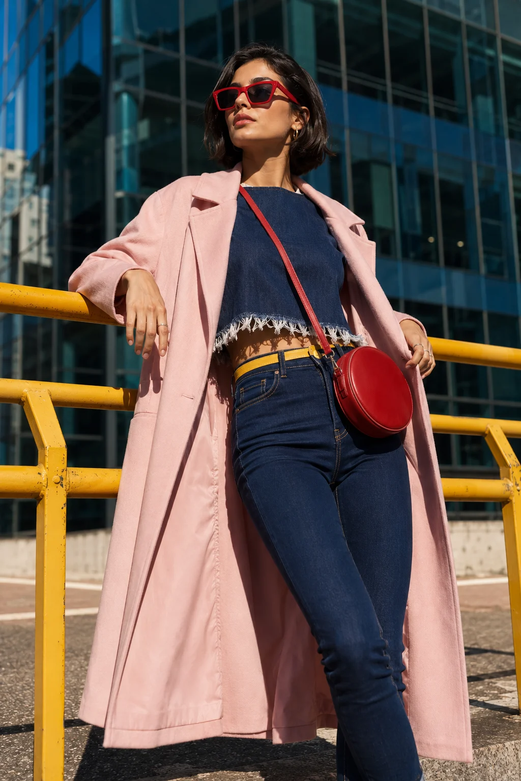 Young Mediterranean European fashion subject with warm olive skin and a sleek blunt bob leaning against a yellow railing in a pale pink coat, dark indigo denim, red sunglasses, and a red circular crossbody bag.