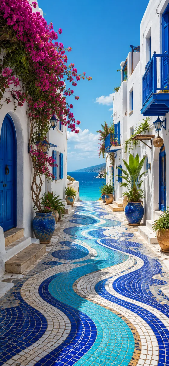 Sunlit Mediterranean alley with white walls, blue doors, magenta bougainvillea, and a flowing blue mosaic walkway leading to the sea.