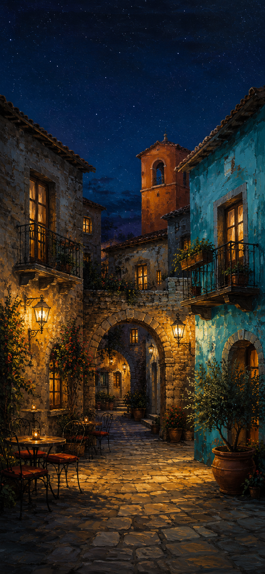 Painterly Mediterranean village alley at night with glowing windows, lanterns, stone walls, balconies, cafe tables, and a starry sky.