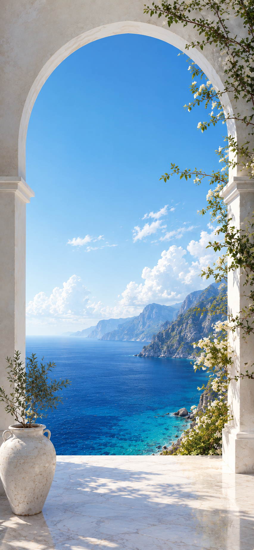 White Mediterranean arch framing a tranquil blue sea with cliffs, ceramic vase, and bright sky.