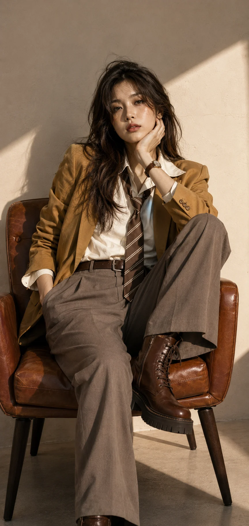 Full-body studio fashion portrait of a woman in mustard tailoring, a loose brown tie, wide trousers, and leather boots seated in a cognac chair.