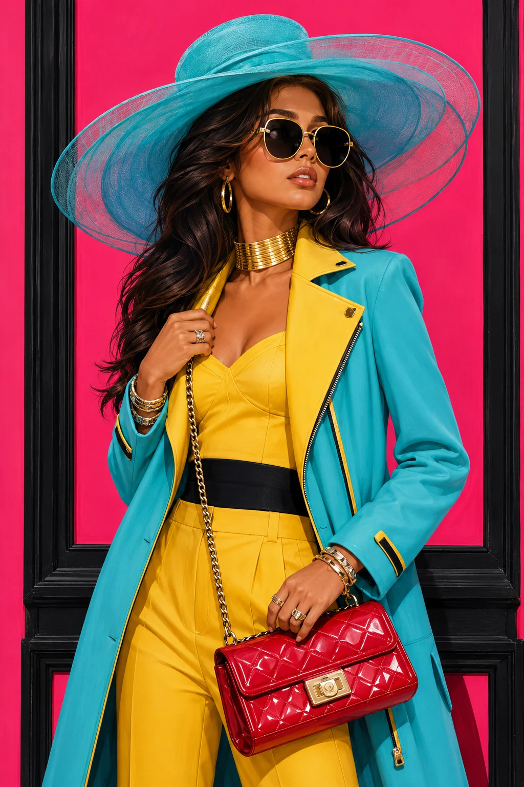 Young Mestiza Latina fashion subject with honey tan skin and glamorous Hollywood waves wearing a turquoise coat and hat, yellow tailored outfit, black sunglasses, gold jewelry, and a red handbag against a hot-pink background.
