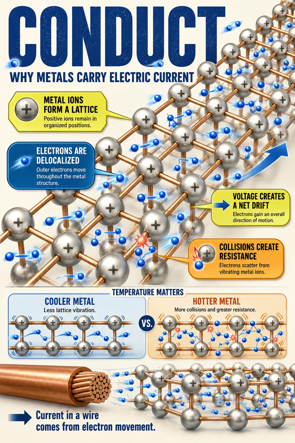 Educational metallic lattice infographic showing fixed positive ions, delocalized electrons, voltage-driven drift, electron scattering, and cooler-versus-hotter metal.
