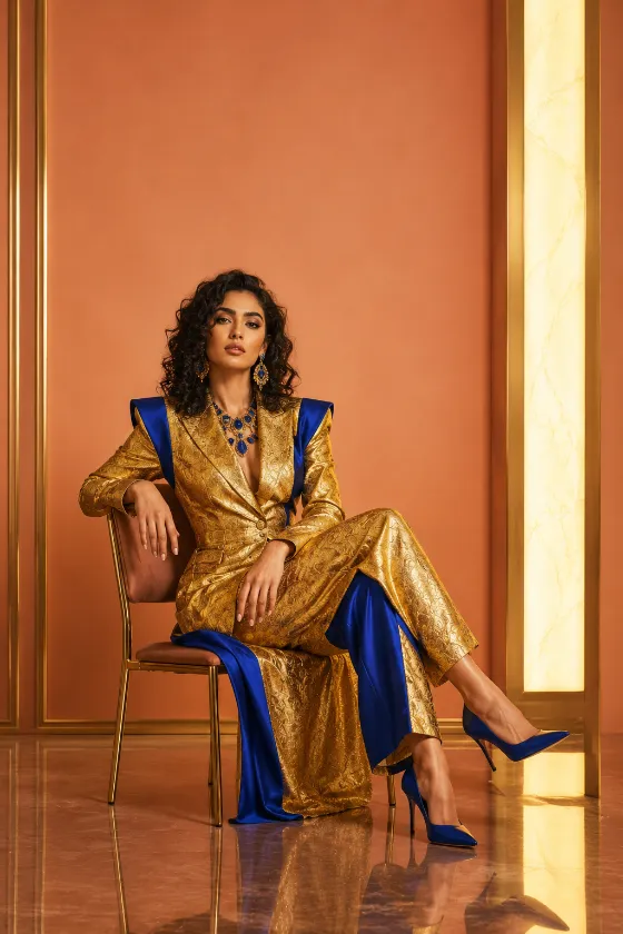 Luxury editorial portrait of a seated Middle Eastern fashion subject wearing gold tailoring and cobalt-blue accents against a peach studio background.