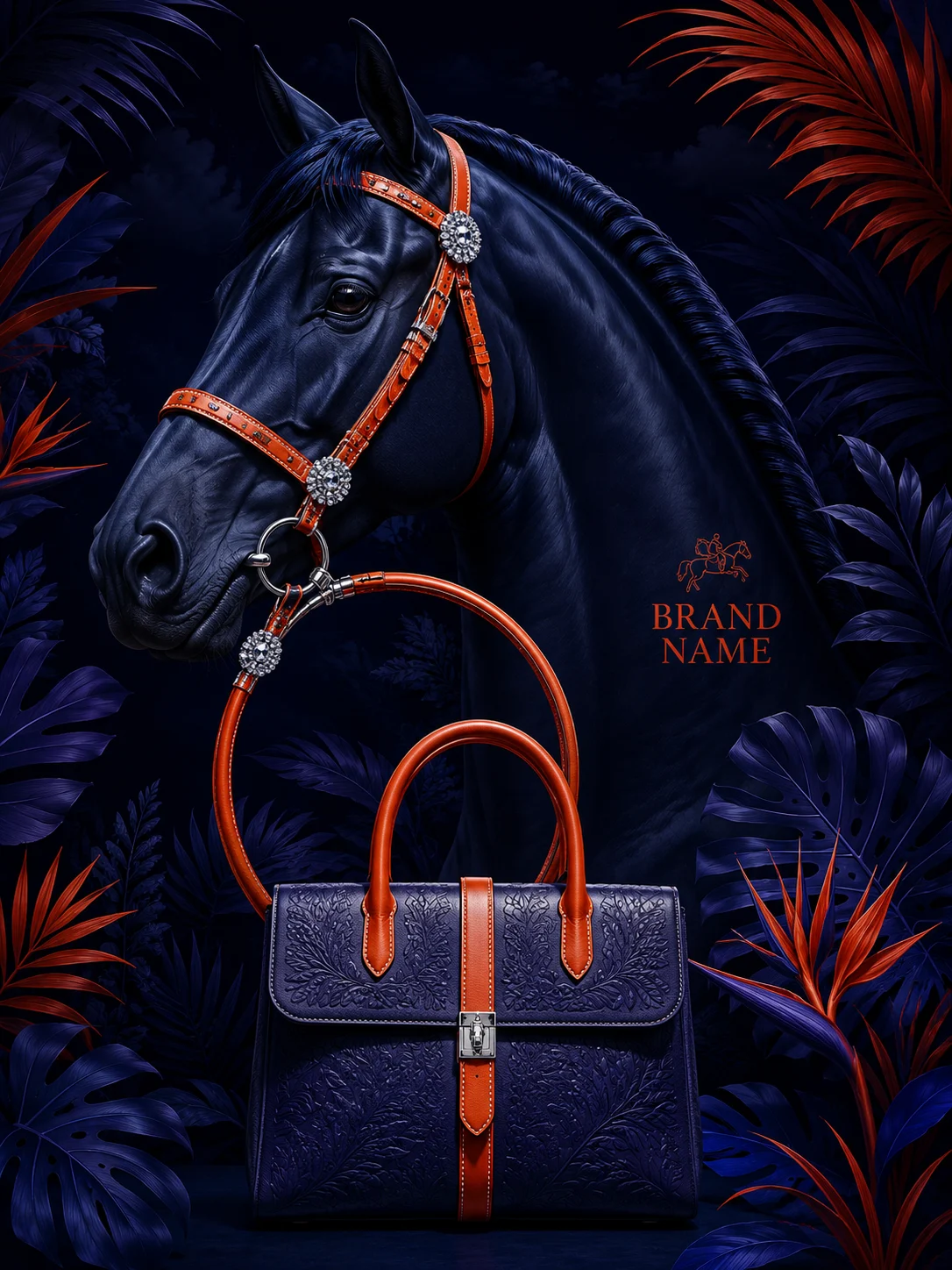 Luxury indigo handbag campaign with a horse, orange bridle, crystals, and dark tropical leaves.