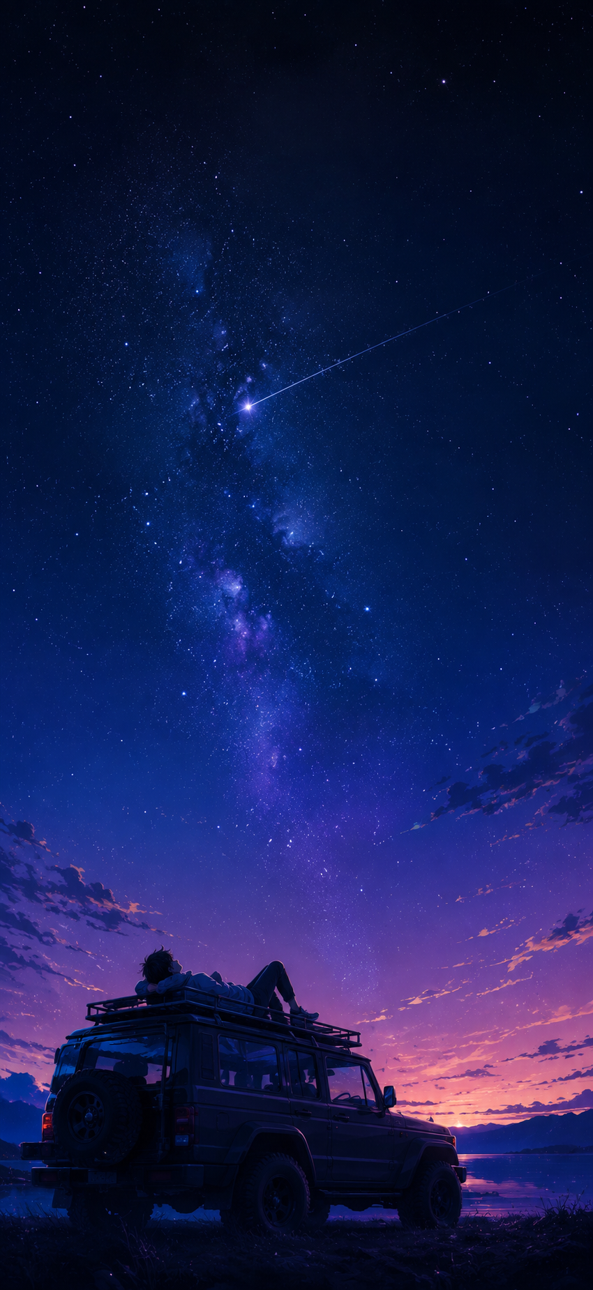 Anime-style night wallpaper with a person lying on a dark vehicle beneath the Milky Way, dense stars, and a shooting star in a blue-violet sky.