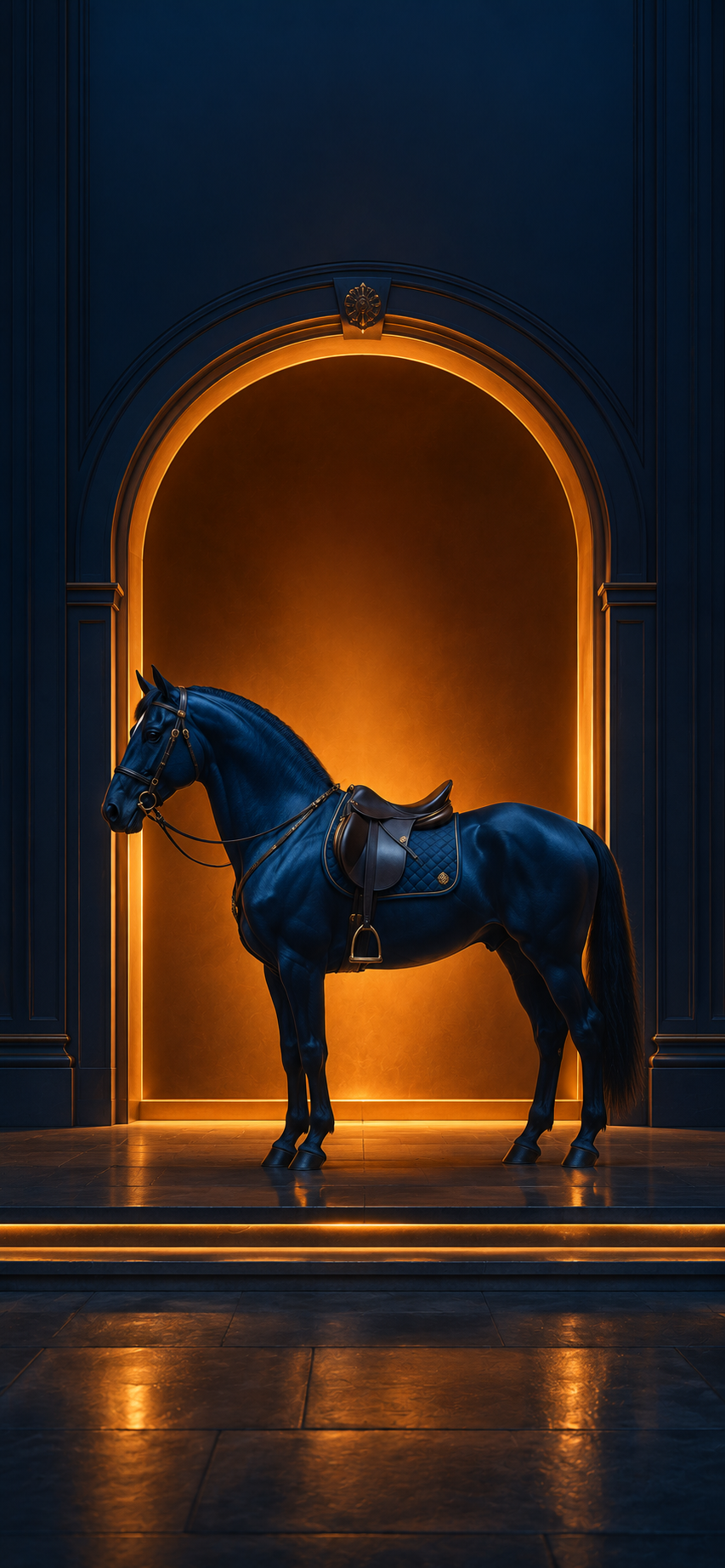 Midnight blue sculptural standing before a glowing amber architectural entrance with luxury minimal styling.