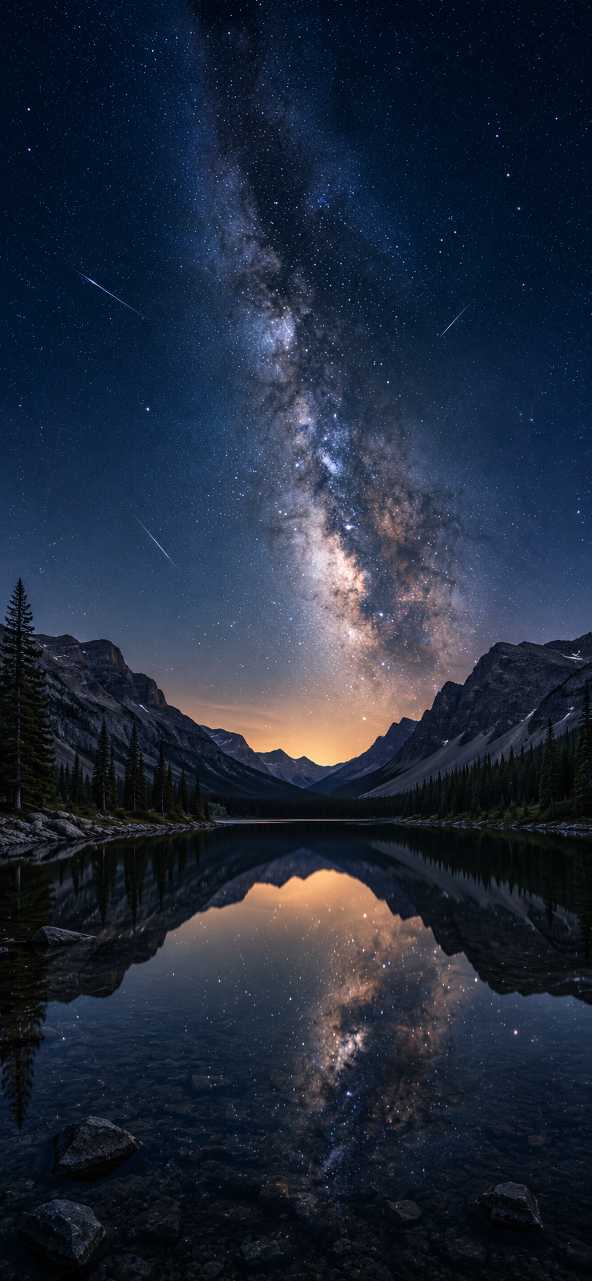Milky Way and stars reflected in a still alpine lake with dark mountains and pine silhouettes.