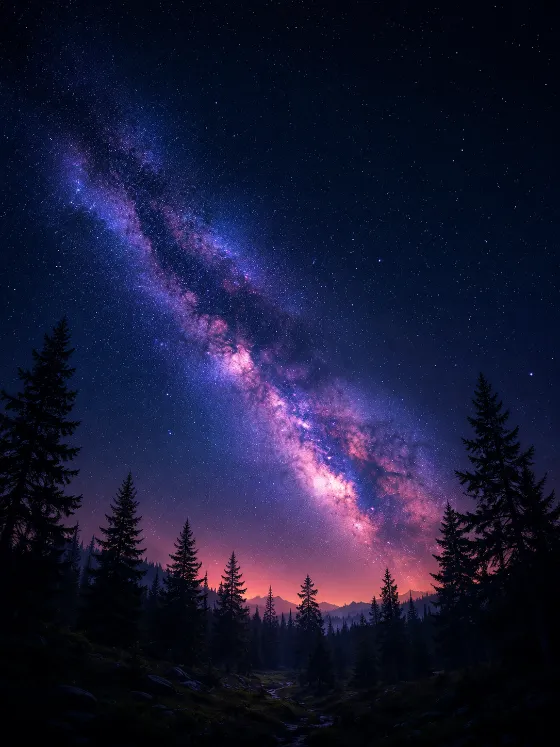 Vivid Milky Way and dense stars above dark pine forest silhouettes with a warm horizon glow.