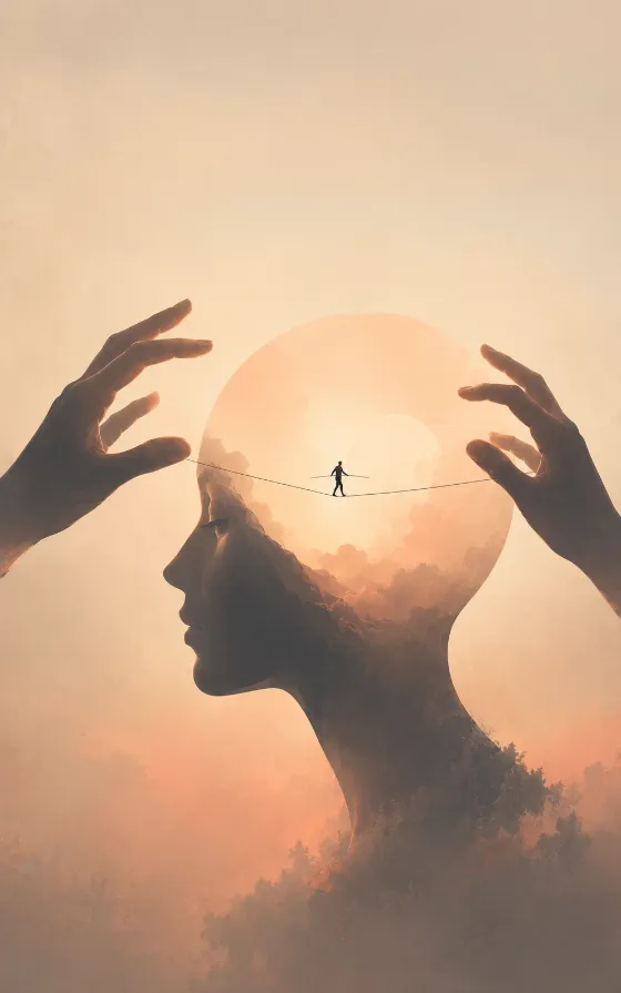 Surreal anonymous side profile with dark hands and a tiny tightrope walker on a thin wire against a soft peach gradient.