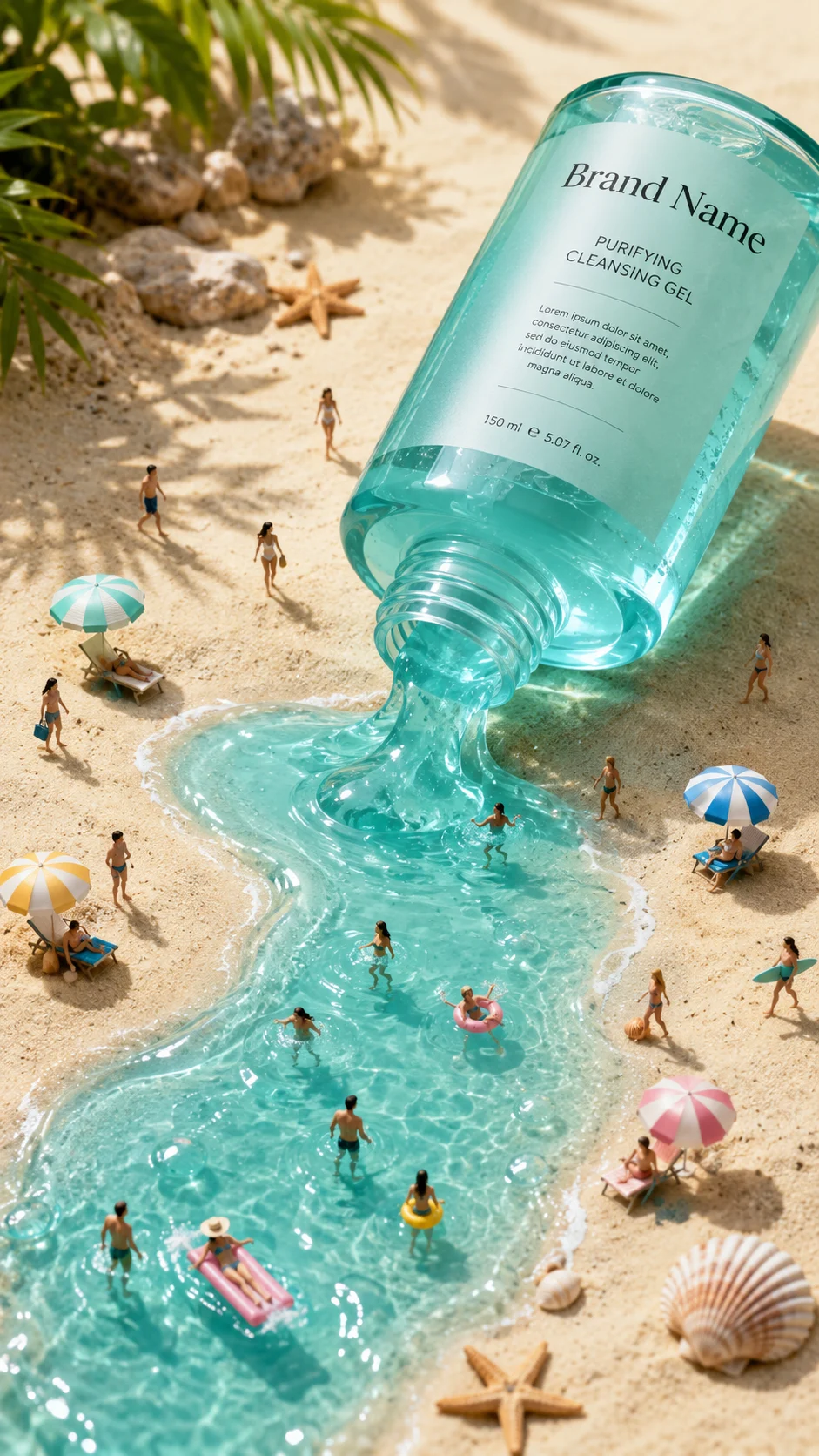 Oversized cleansing gel bottle pouring a turquoise lagoon on a miniature beach with tiny umbrellas and people.