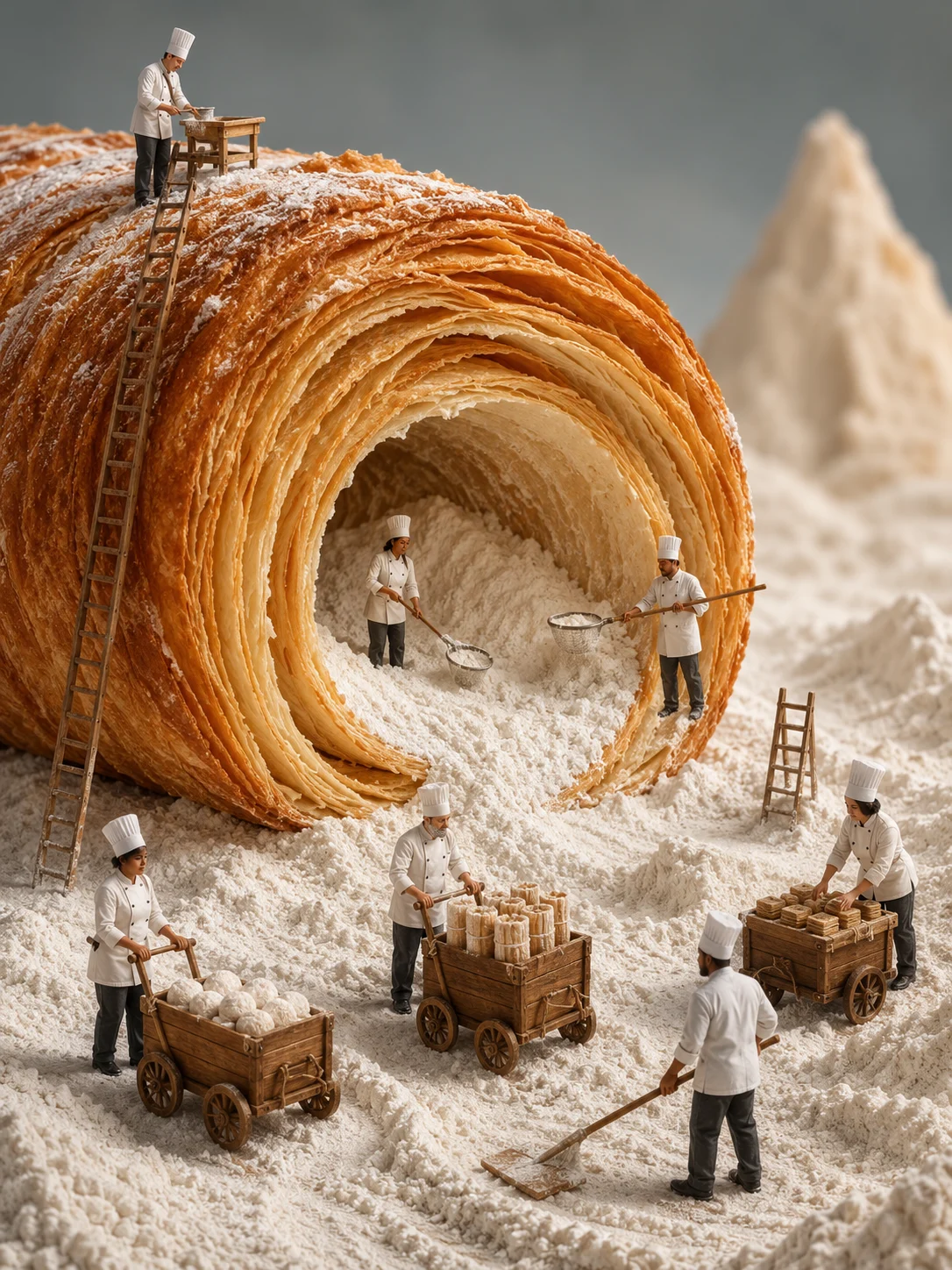 Seven miniature chefs work around a giant spiral pastry with powdered sugar, ladders, and wooden carts.