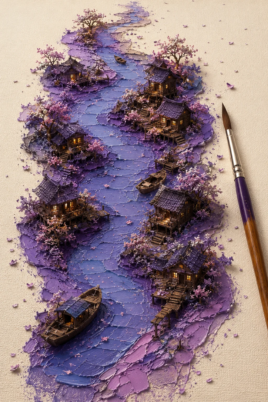 Lavender miniature village built from thick paint on canvas with glowing houses, boats, blossoms, and a diagonal brush.