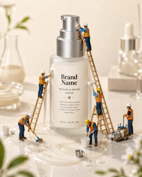 Luxury serum bottle with miniature workers on ladders doing maintenance, spilled serum and studio lighting create a whimsical macro product scene.