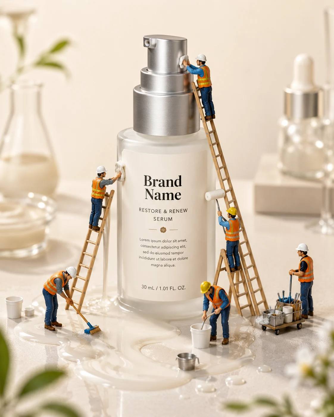 Luxury serum bottle with miniature workers on ladders doing maintenance, spilled serum and studio lighting create a whimsical macro product scene.