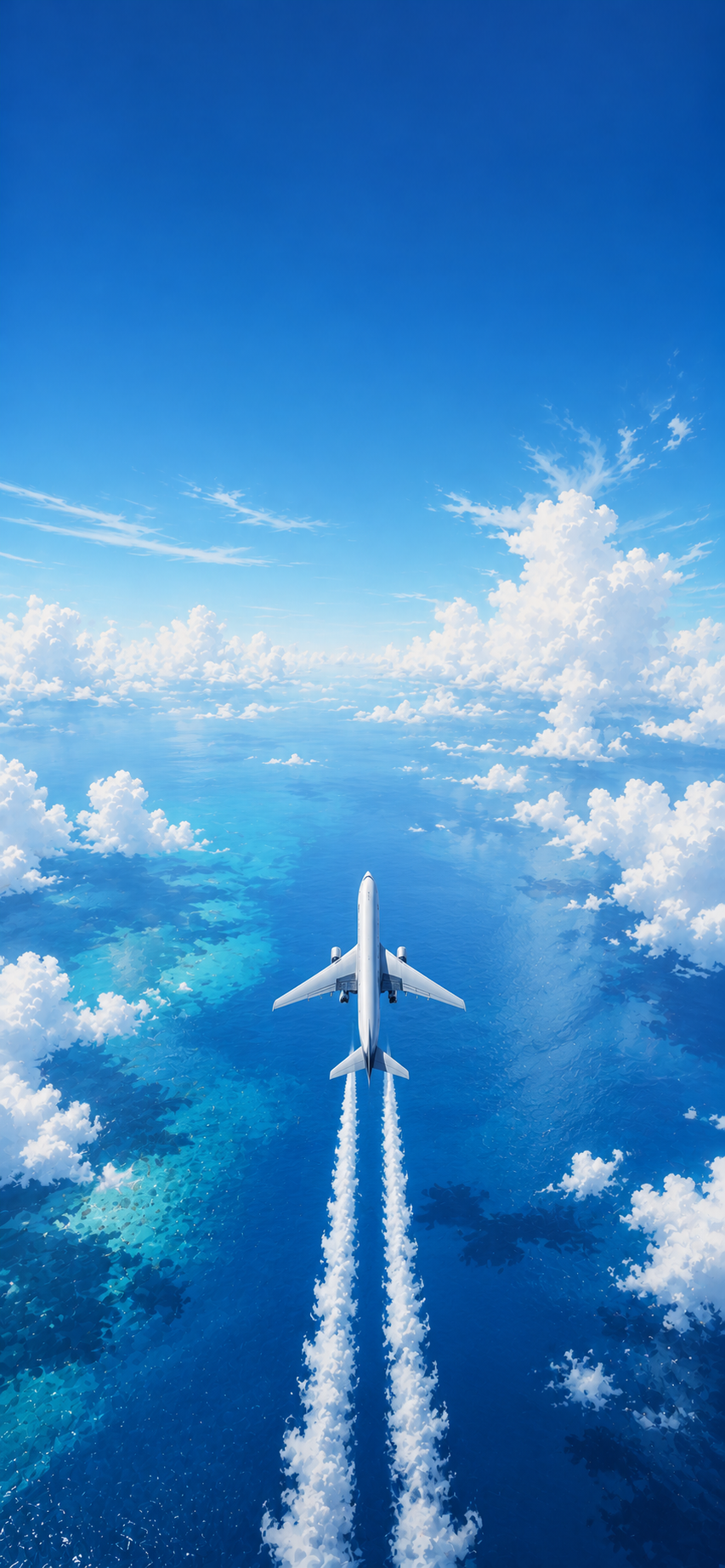 Minimal illustration of a commercial jet flying above a blue ocean with fluffy clouds and a long contrail.