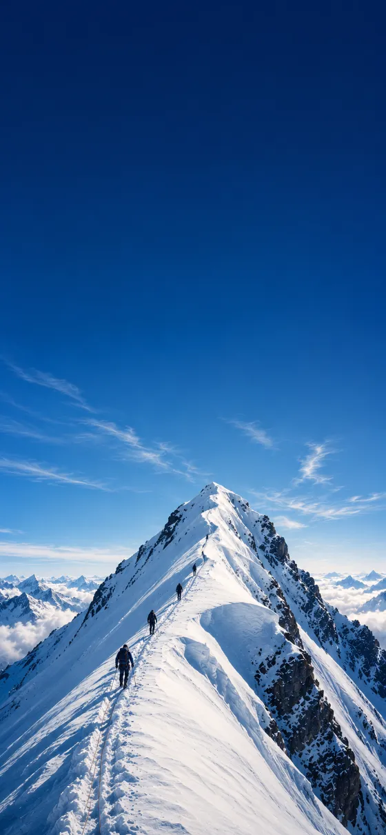Minimal snowy mountain ridge with climbers ascending toward the summit beneath a clear blue sky.