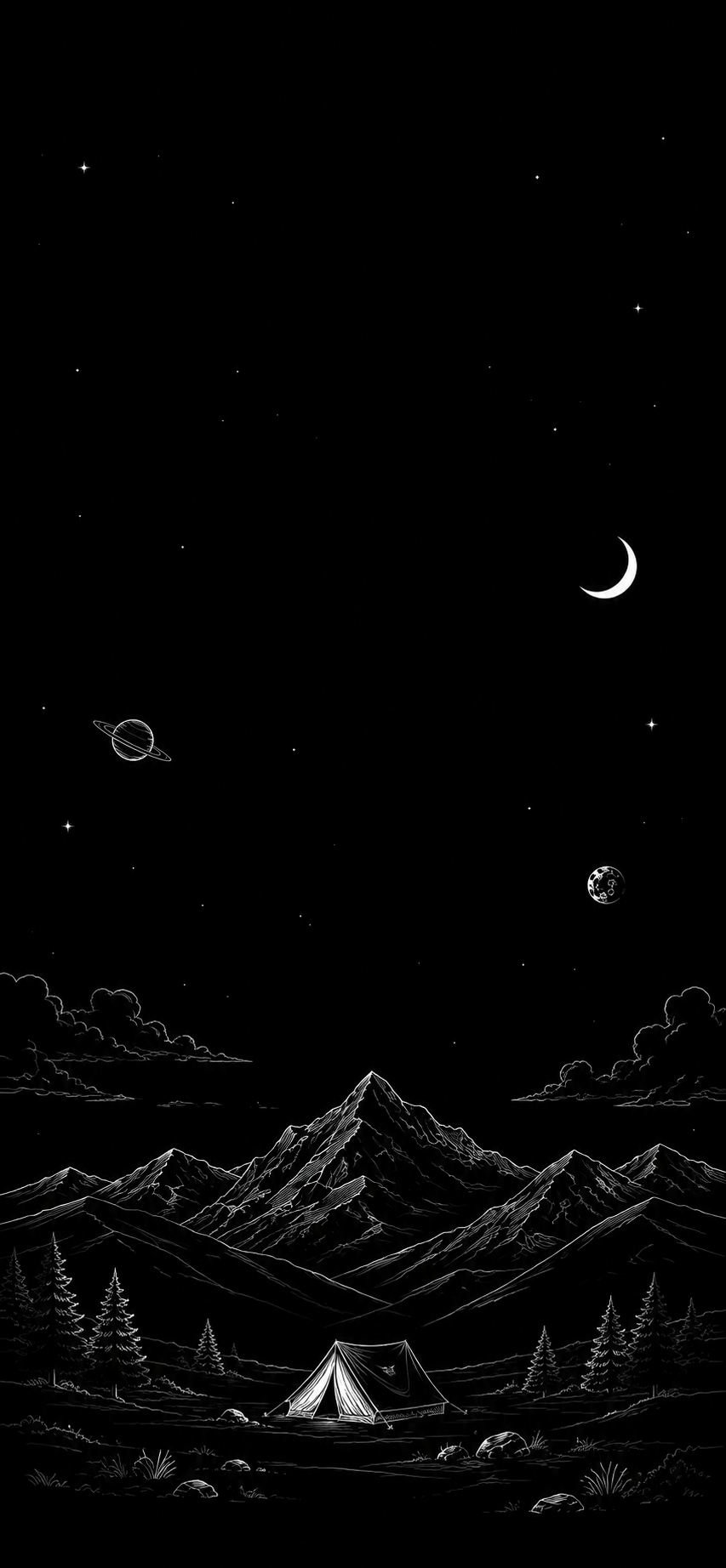 Minimal white line-art mountains, tent, moon, planets, and stars on a pure black background.