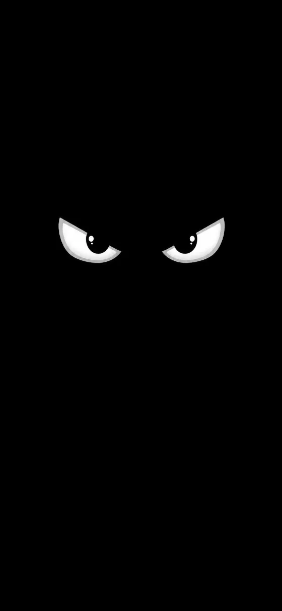 Two small angry cartoon eyes with white crescent shapes and black pupils floating in a pure black background.