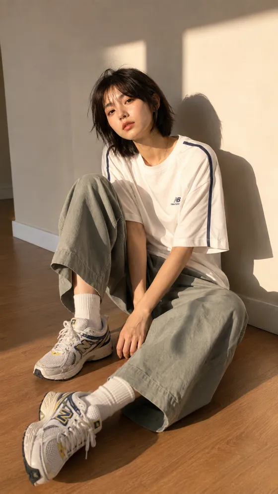 Fashion subject seated on a warm-toned floor in a white athletic T-shirt, muted sage-gray wide-leg trousers, ribbed socks, and chunky white running sneakers
