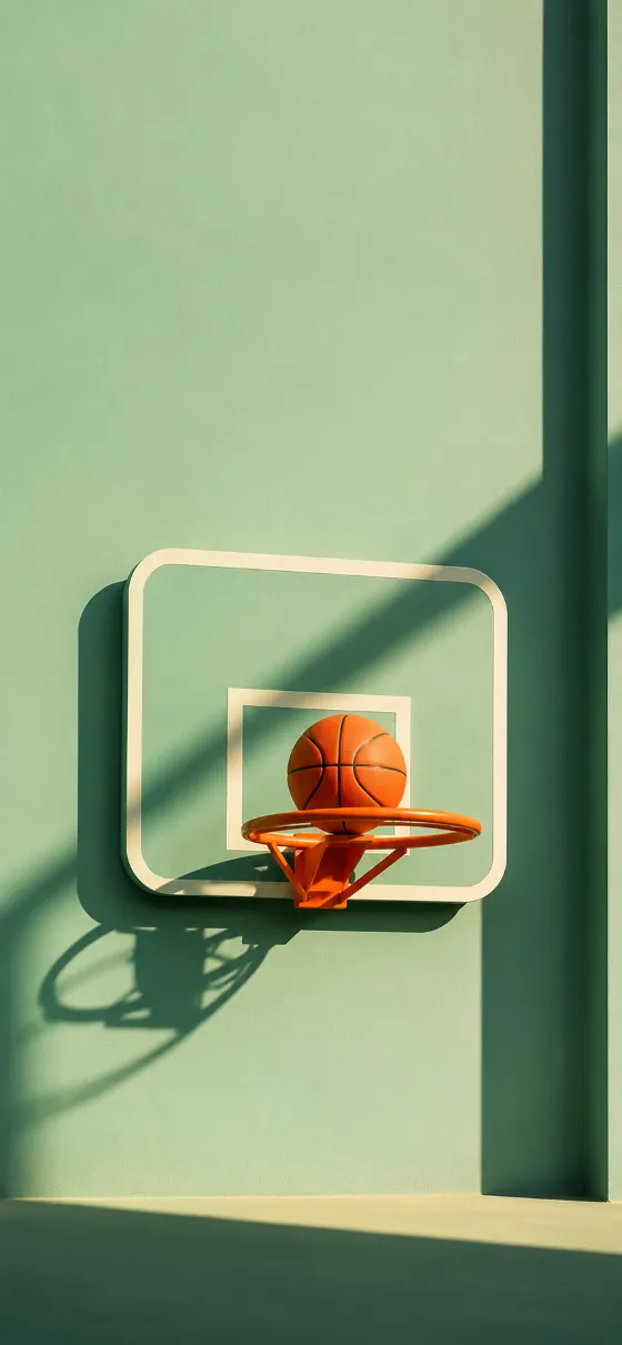 Minimal orange basketball hoop with a basketball resting on the rim against a mint green wall with dramatic shadows.