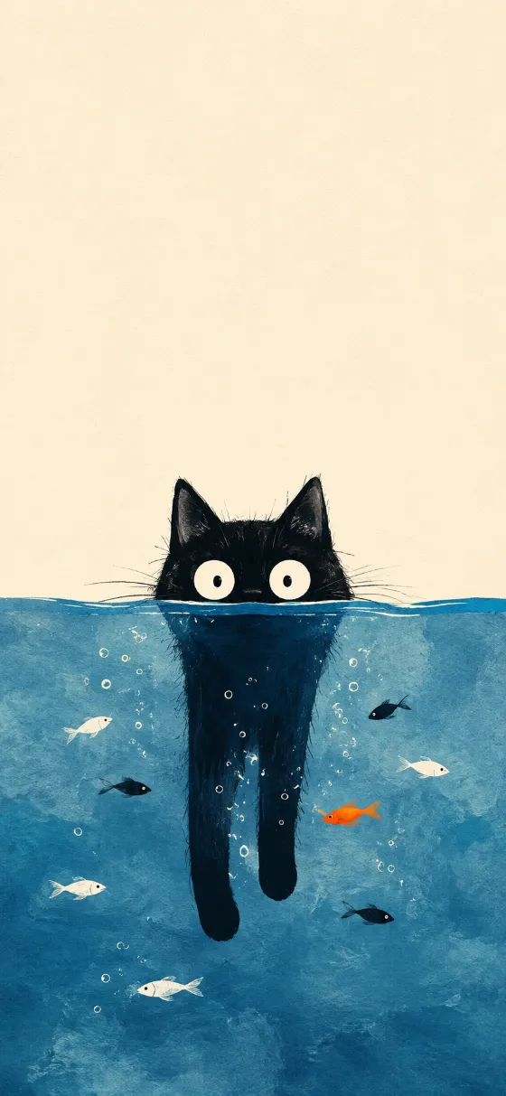 Minimal illustration of a black cat with oversized white eyes standing in blue water surrounded by small fish.