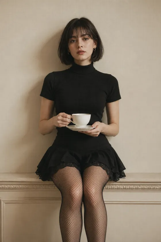 Centered fashion portrait of one woman in a black turtleneck, flared lace-trimmed skirt, and fishnet tights, holding a cup and saucer while seated against a cream wall.