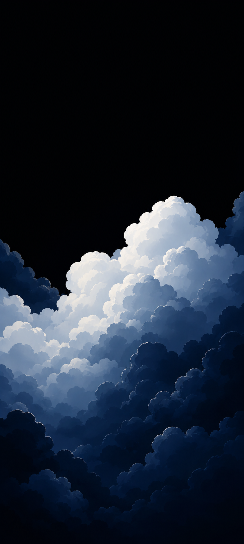Minimal dark wallpaper with layered white and blue-gray clouds rising into a pure black sky.
