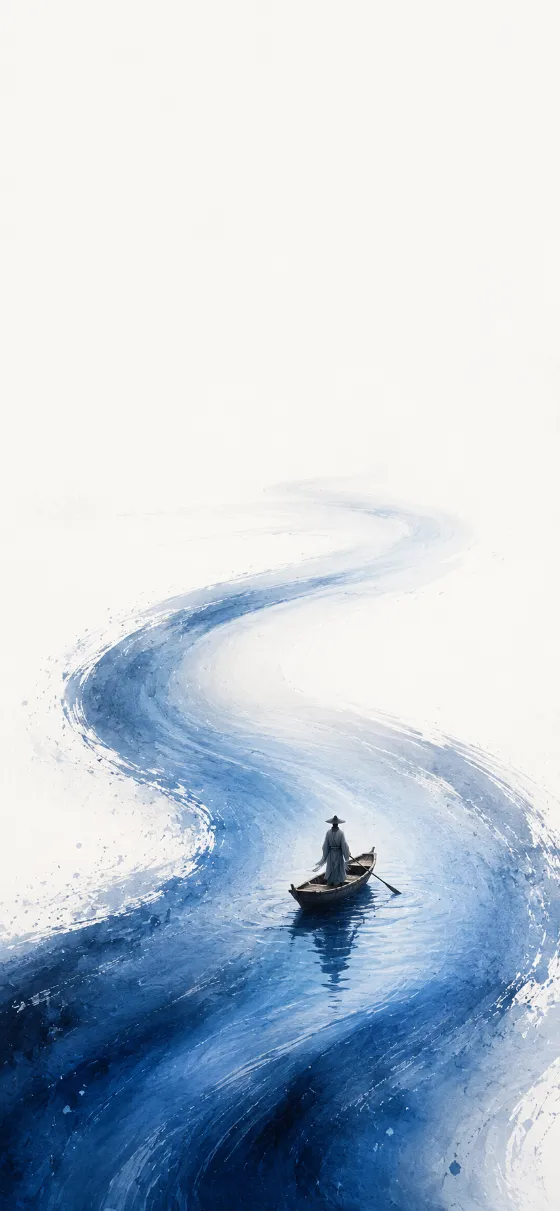 Minimal watercolor wallpaper with a solitary boat on a flowing blue brushstroke river and clean white background.