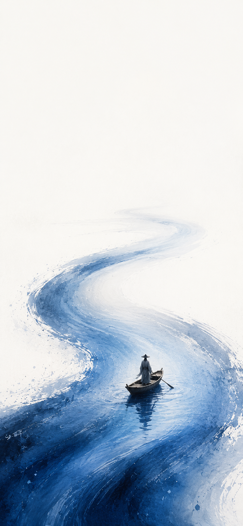 Minimal watercolor wallpaper with a solitary boat on a flowing blue brushstroke river and clean white background.
