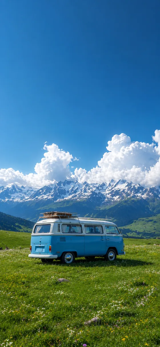 Sky-blue vintage camper van parked in a green meadow with snowy mountains and a bright blue sky.