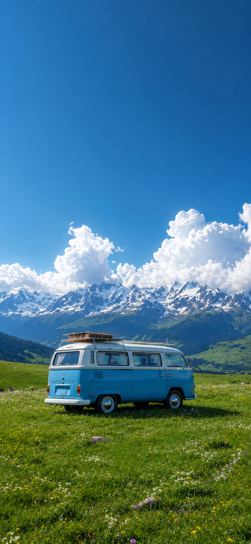 Sky-blue vintage camper van parked in a green meadow with snowy mountains and a bright blue sky.