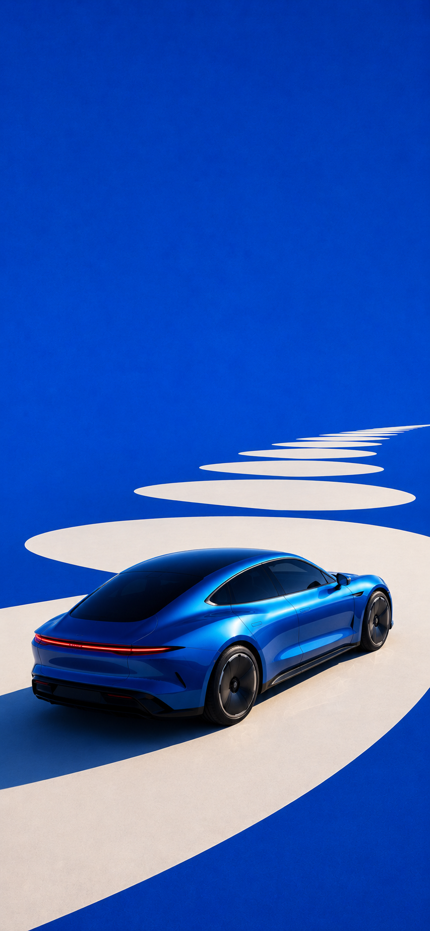 Minimal blue sports coupe illustration on an abstract white geometric landscape with a vivid blue background.