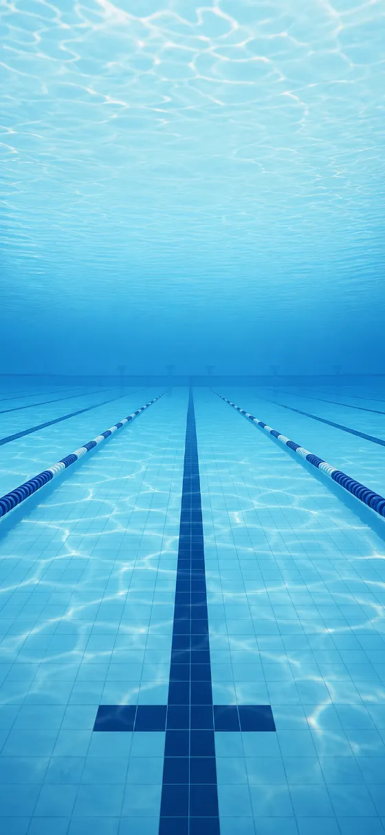 Minimal illustration of a calm indoor swimming pool with blue water, lane markers, and strong architectural perspective.