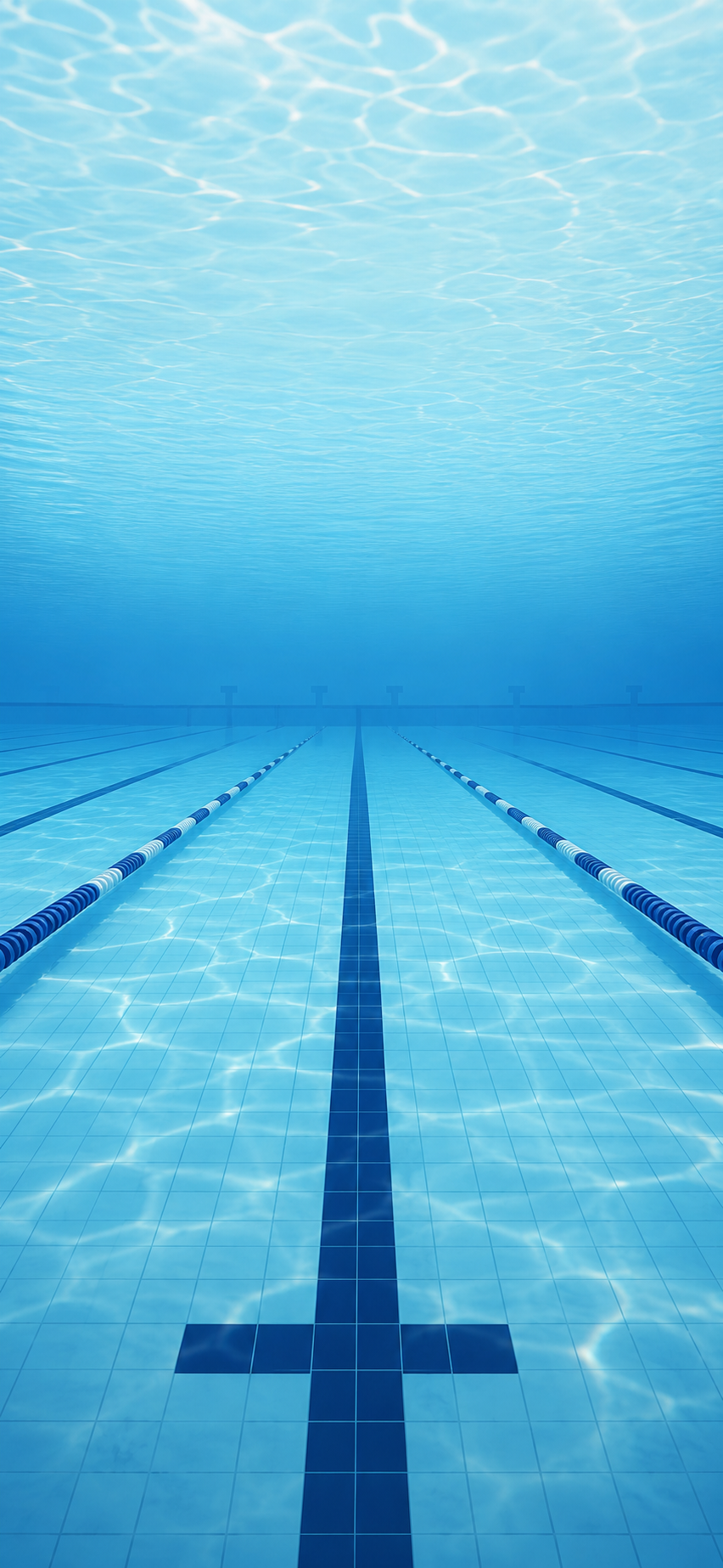 Minimal illustration of a calm indoor swimming pool with blue water, lane markers, and strong architectural perspective.