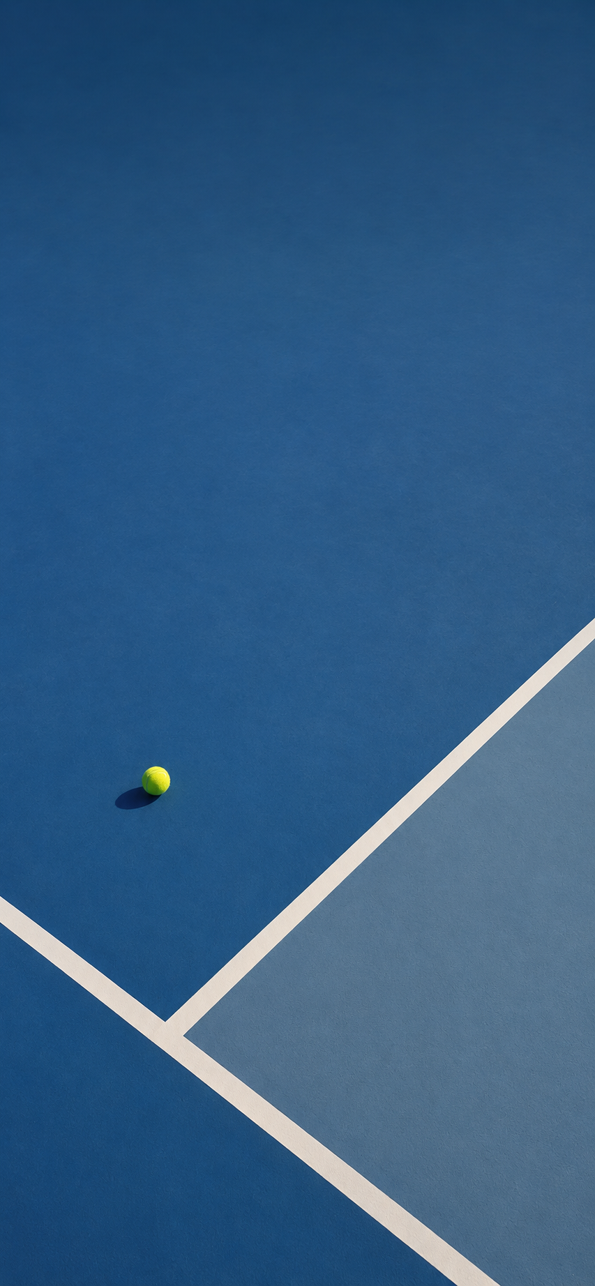 Minimal blue tennis court with crisp white lines and a single yellow tennis ball.