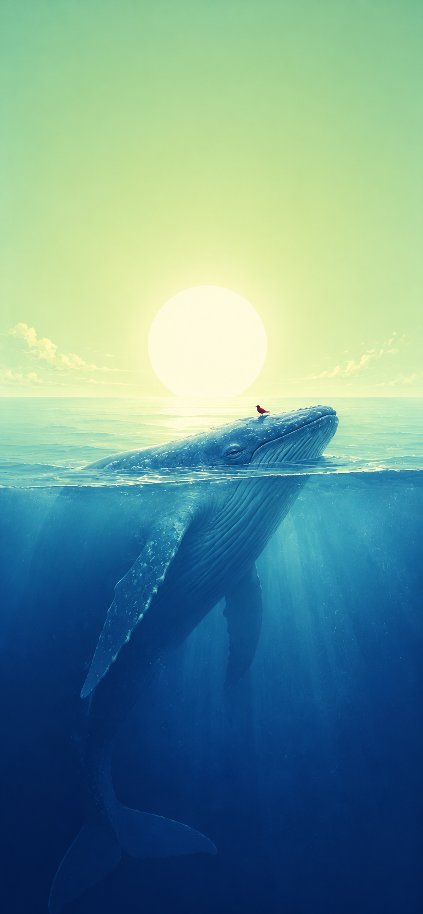 Illustrated blue whale surfacing beneath a glowing sun with a small red bird resting on its head.